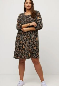 Ulla Popken TROPICAL LEAF PRINT SMOCKED - Freizeitkleid - Black -Ulla Popken 018d71bdf53a4aa1bf8f6f0d5f3420aa