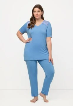 Ulla Popken MANCHES COURTES ET DÉCOLLETÉ EN V - Nachtwäsche Set - Bleu Clair