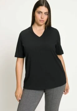 Ulla Popken SIERSTEENTJES KELKKRAAG V-HALS KORTE MOUWEN - Bluse - Zwart