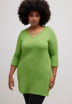 Ulla Popken ZIERBÄNDER CLASSIC V-AUSSCHNITT 3/4-ARM - Langarmshirt - Pea Green