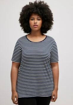 Ulla Popken STRIPE ROUND NECK SHORT SLEEVE - Nachtwäsche Shirt - Navy Blue Stripe