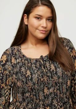 Ulla Popken TROPICAL LEAF PRINT SMOCKED - Freizeitkleid - Black -Ulla Popken 70274ee04e114f7f97ed5b3bc781a466