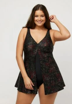 Ulla Popken SHIMMER PRINT SPLIT - Badeanzug - Black -Ulla Popken 89baf3e9f64444f492c0fec0bd134a84