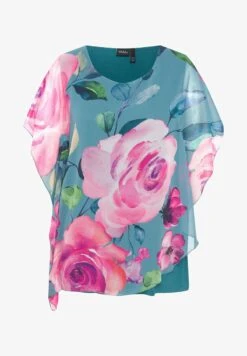 Ulla Popken DUBBELLAAGS BLOEMEN RONDE HALS KORTE MOUWEN - Bluse - Licht Grijsgroen -Ulla Popken e356c1ddf0ab47ddb458636a394fa7c0