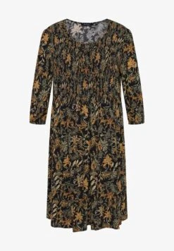 Ulla Popken TROPICAL LEAF PRINT SMOCKED - Freizeitkleid - Black -Ulla Popken e3d231dfde4943d3930ce5b3a82fa789